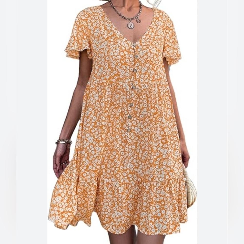 Peach Floral V Neck Flowy Short Sleeve Women's Dress Size XL  NWOT